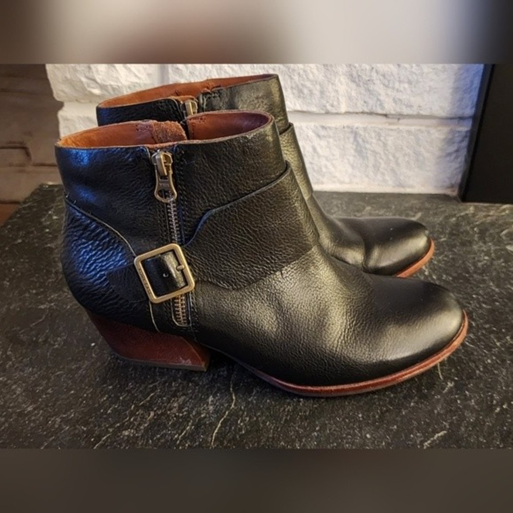 Kork-Ease Black Leather Ankle Booties with Brown Sole & Gold Buckle